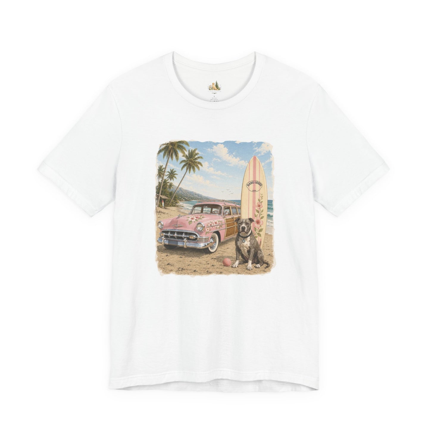 Vintage Beach Surf T‑Shirt — Retro Car, Surfboard & Dog Graphic