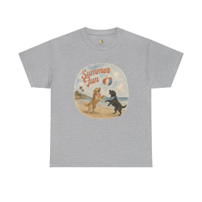 Unisex Summer Fun Dogs T-Shirt — Retro Beach Puppies Playing with Beach Ball (Heavy Weight Tee)