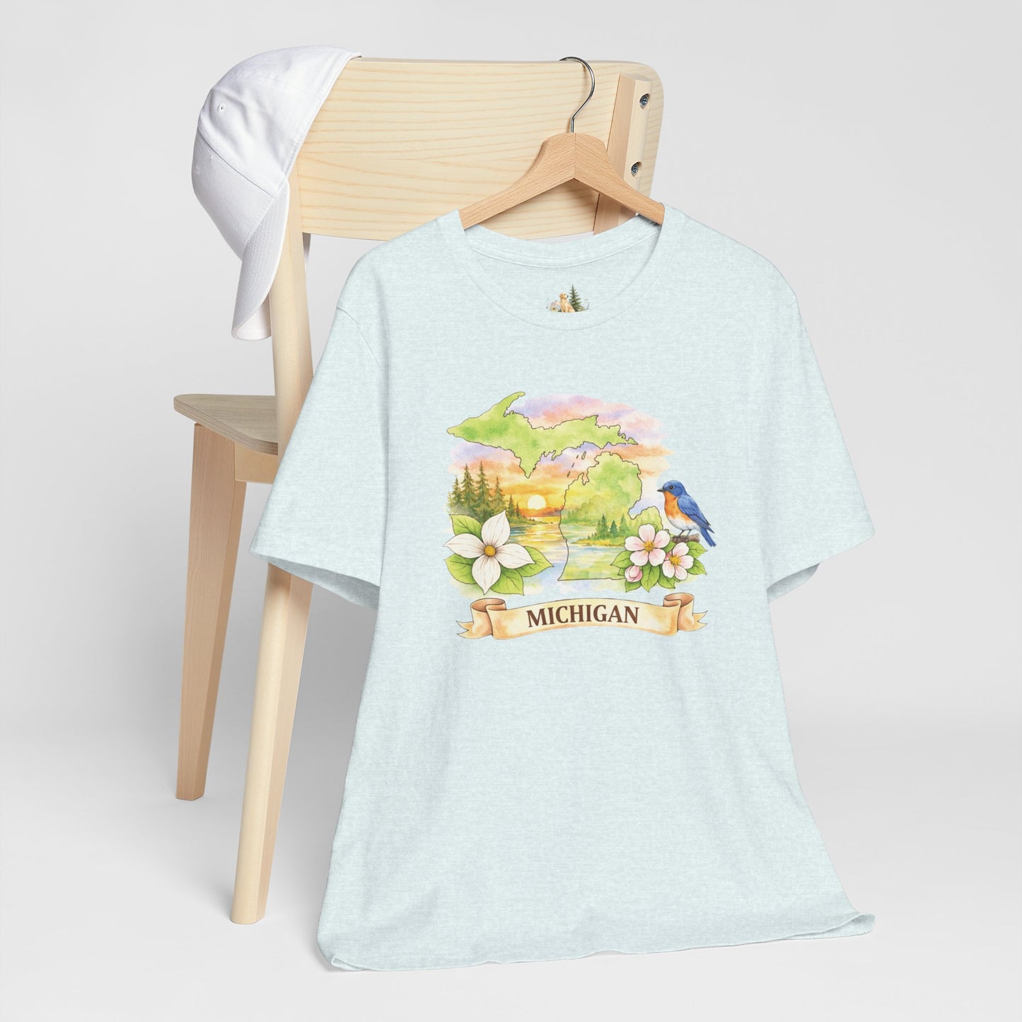 Michigan Scenic T-Shirt — State Flower & Bluebird Watercolor Design