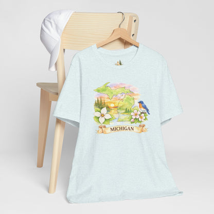 Michigan Scenic T-Shirt — State Flower & Bluebird Watercolor Design