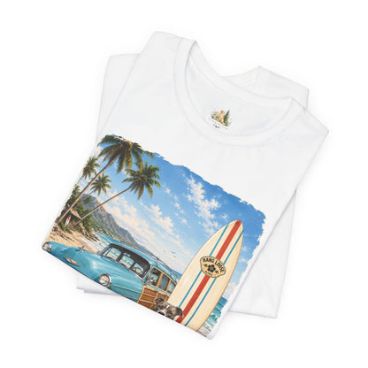 Men's Retro Beach Surf T-Shirt – Vintage Car, Surfboard & Palm Tree Graphic