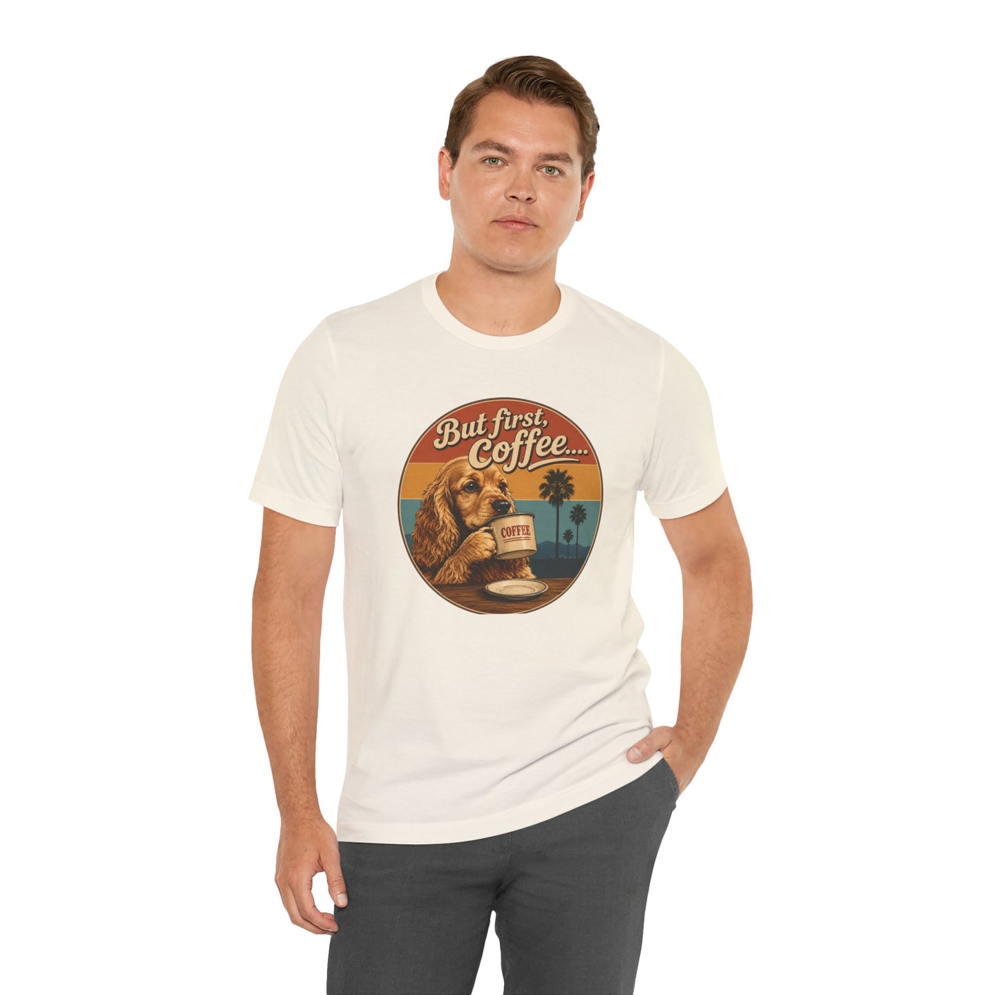 Men's But First Coffee Dog Tee — Retro Palm Tree Coffee Lover T-Shirt