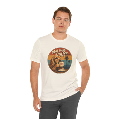 Men's But First Coffee Dog Tee — Retro Palm Tree Coffee Lover T-Shirt