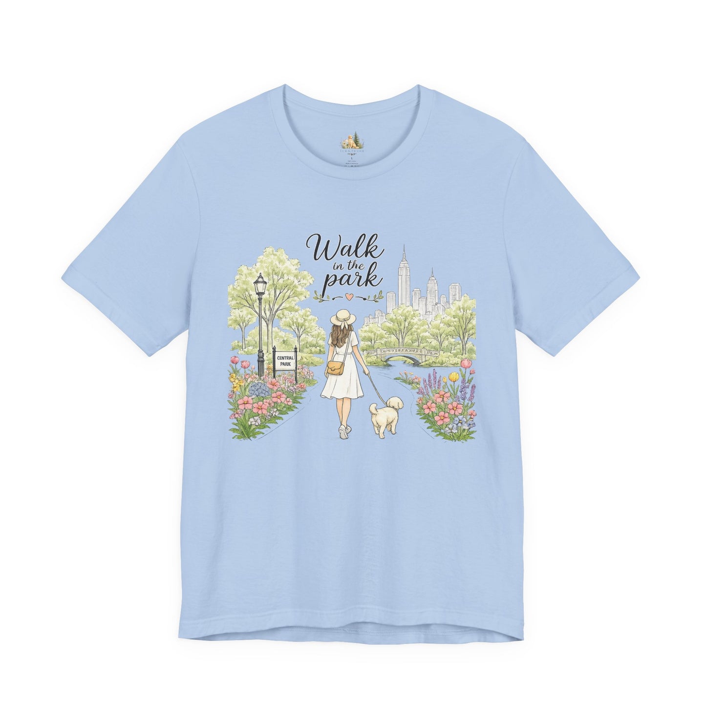 Walk in the Park T-Shirt | Woman Walking Dog Park Illustration