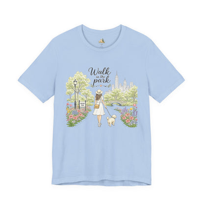 Walk in the Park T-Shirt | Woman Walking Dog Park Illustration