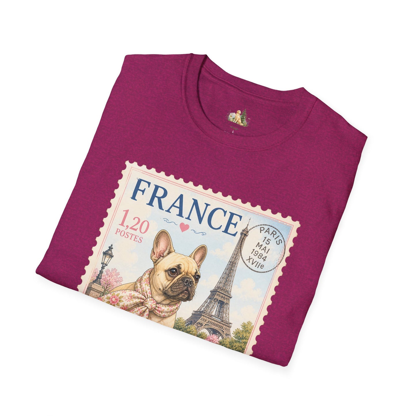 French Bulldog Postage Stamp T-Shirt | Eiffel Tower Paris Design (Light Weight, Ultra Soft Tee)