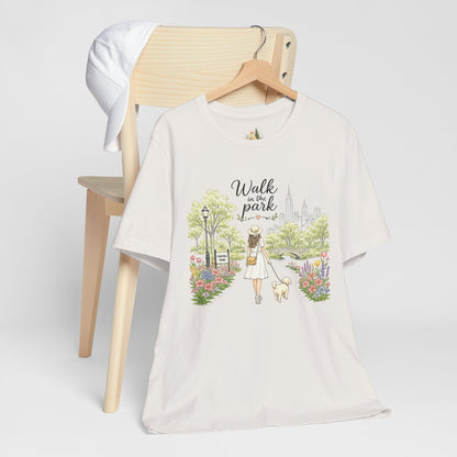 Walk in the Park T-Shirt | Woman Walking Dog Park Illustration