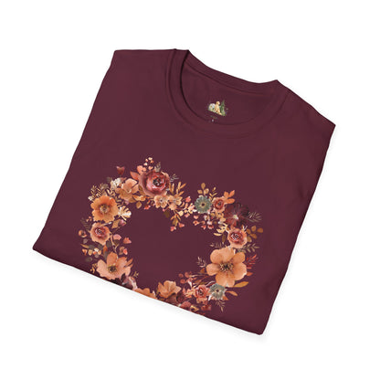 Floral Heart Tee — Women's Heart Wreath Graphic T-Shirt, Romantic Floral Gift