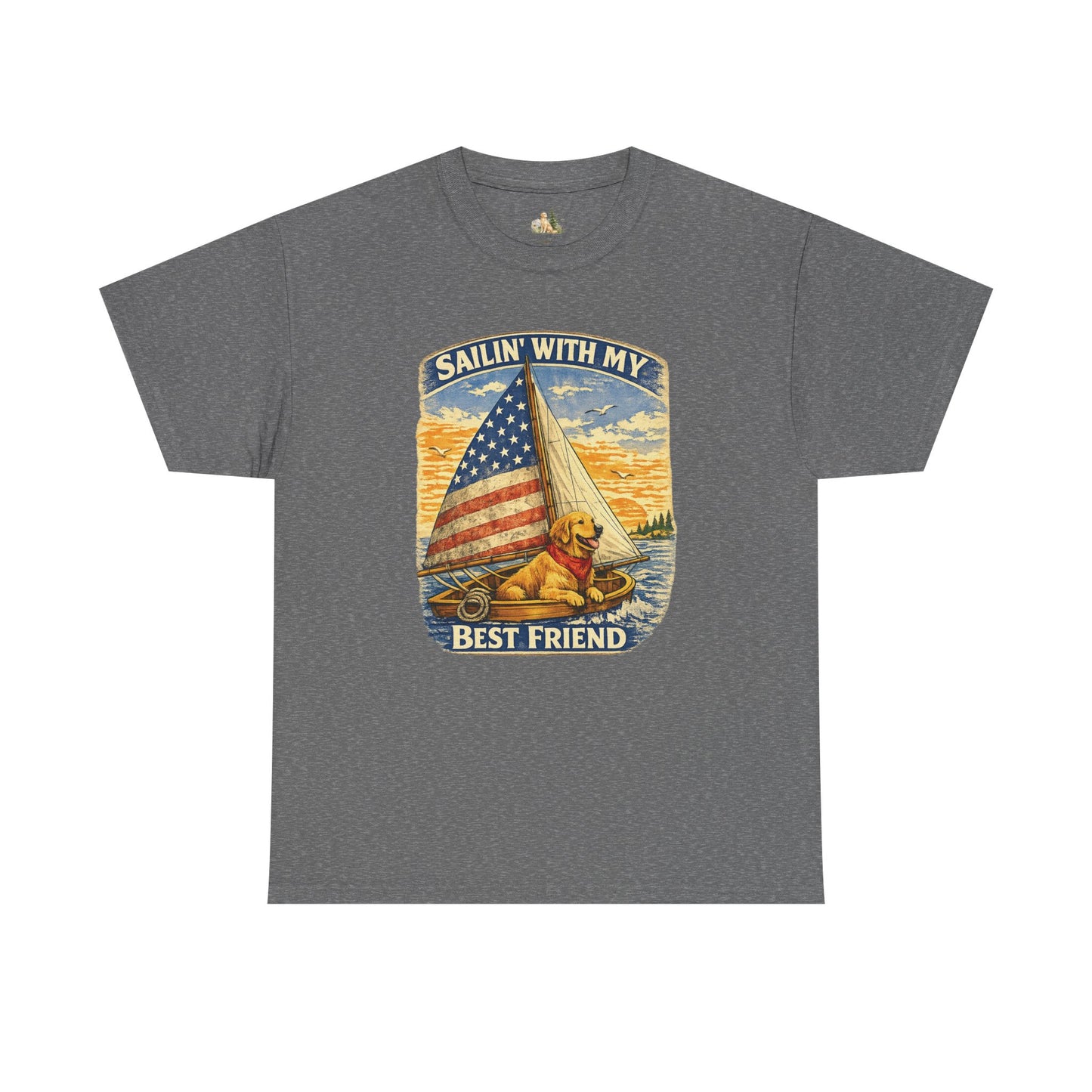 Unisex Sailin' With My Best Friend T-Shirt - Dog & American Flag Sailing Crew Tee (Light Weight, Ultra Soft Cotton)