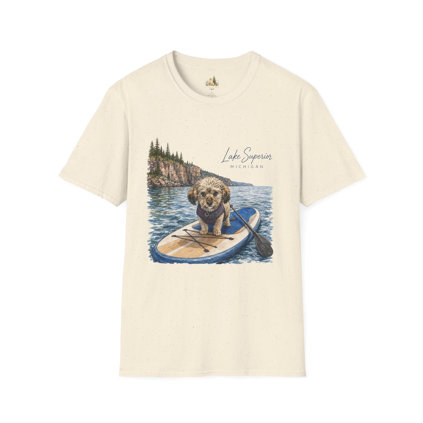 T-Shirt — Lake Superior Michigan Dog Paddleboard Graphic (Light Weight, Ultra Soft Tee)