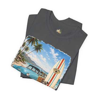 Men's Retro Beach Surf T-Shirt – Vintage Car, Surfboard & Palm Tree Graphic