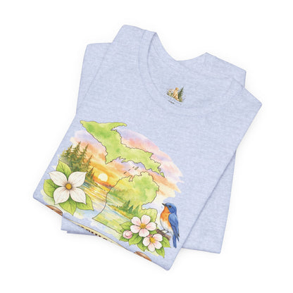 Michigan Scenic T-Shirt — State Flower & Bluebird Watercolor Design