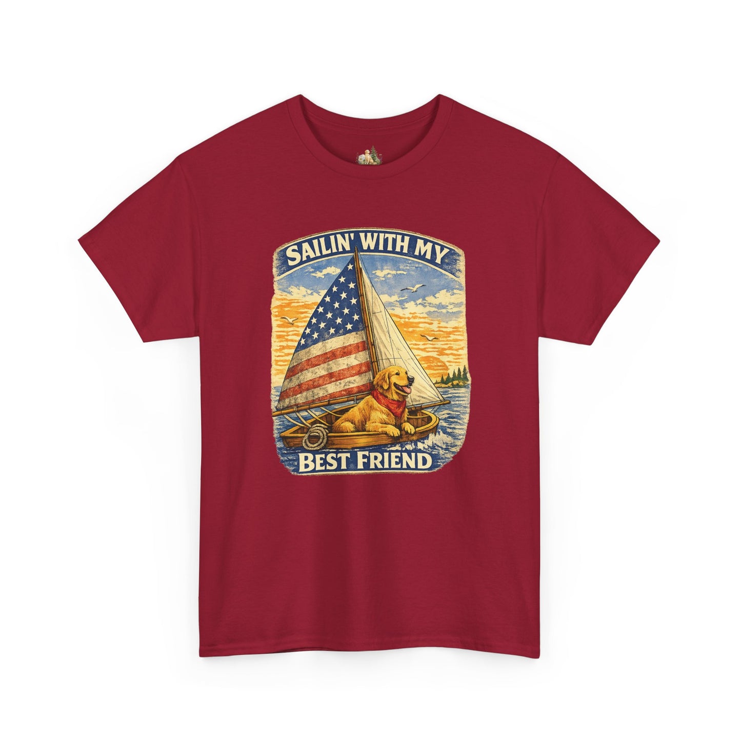 Unisex Sailin' With My Best Friend T-Shirt - Dog & American Flag Sailing Crew Tee (Light Weight, Ultra Soft Cotton)