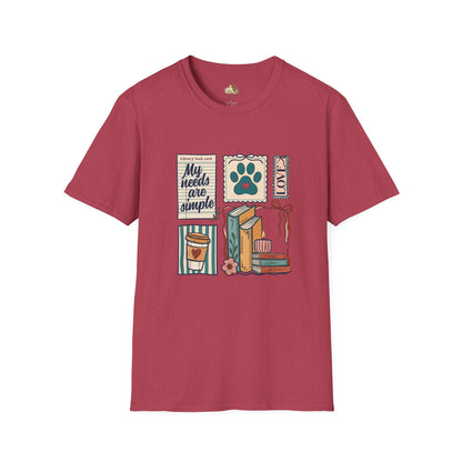 T-Shirt — "My Needs Are Simple" Book & Paw Graphic Tee