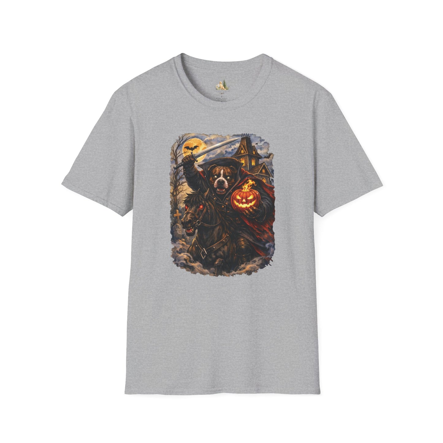 Unisex Halloween Pit Bull Headless Horseman Tee – What Tails Lurk Behind The Pines Collection