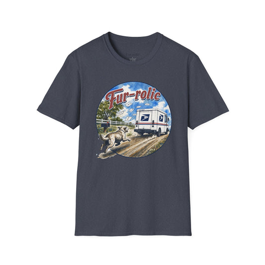 Fur-rolic T-Shirt — Postal Mail Truck & Playful Dogs Retro Graphic Tee (Light Weight Ultra Soft Tee)