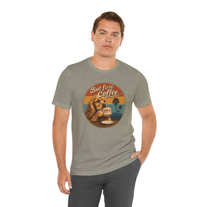Men's But First Coffee Dog Tee — Retro Palm Tree Coffee Lover T-Shirt