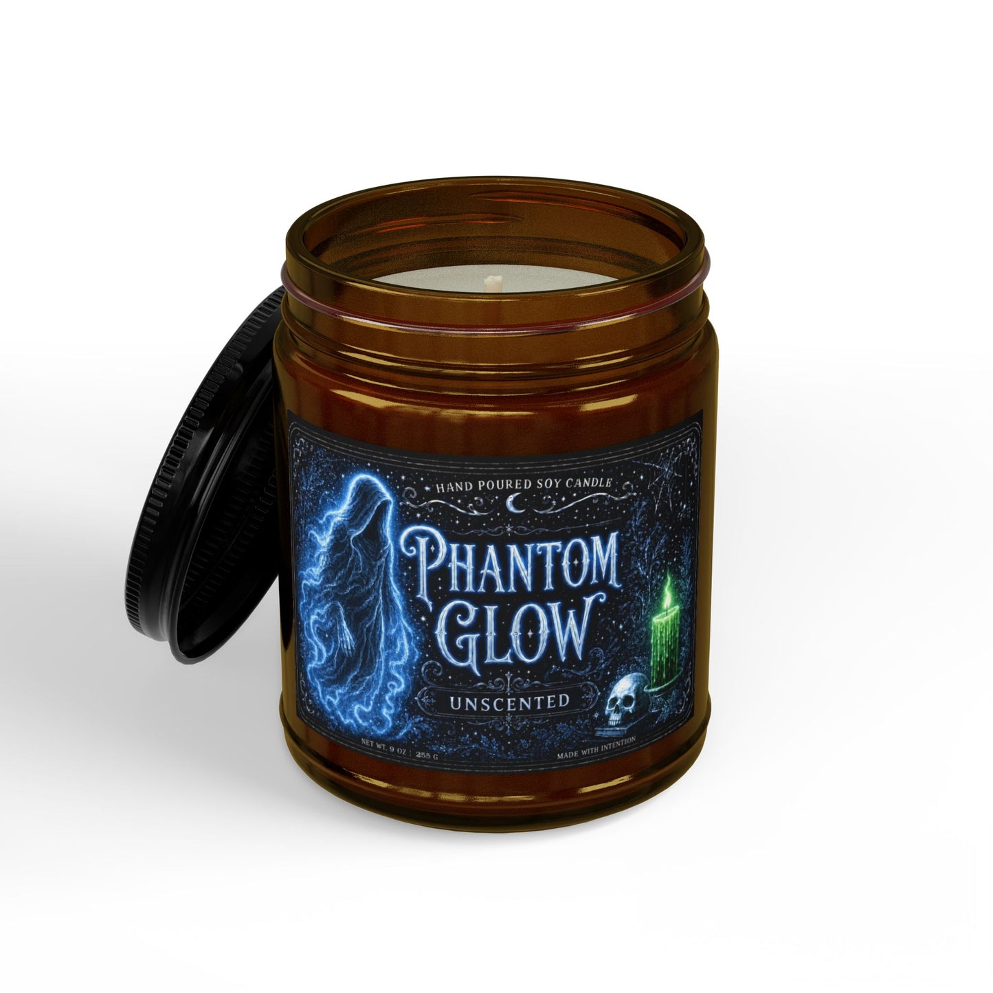 Phantom Glow Soy Candle — Unscented Amber Jar with Black Lid (4oz & 9oz)
