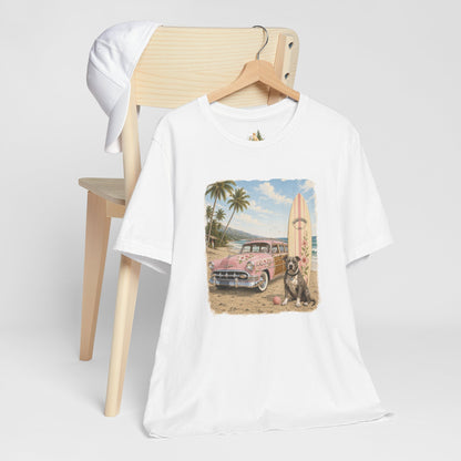 Vintage Beach Surf T‑Shirt — Retro Car, Surfboard & Dog Graphic