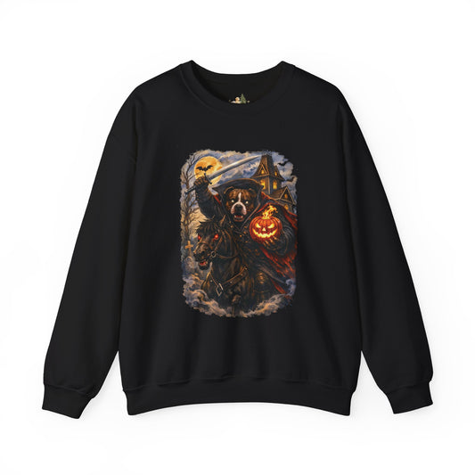 Unisex Halloween Pit Bull Headless Horseman Crewneck Sweatshirt ~ What Tails Lurk Behind The Pines