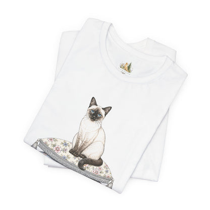 Siamese Cat on Floral Pillows T-Shirt | Vintage Pet Illustration