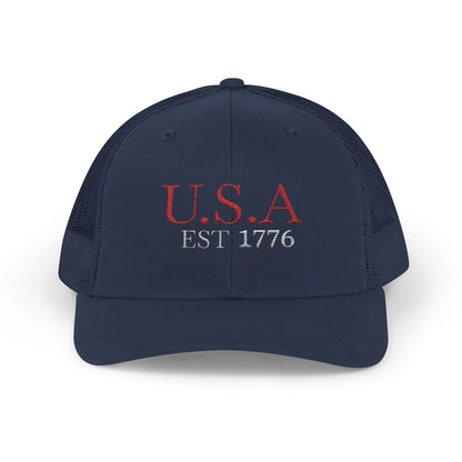 USA EST 1776 Snapback Trucker Cap — Patriotic American Flag Style