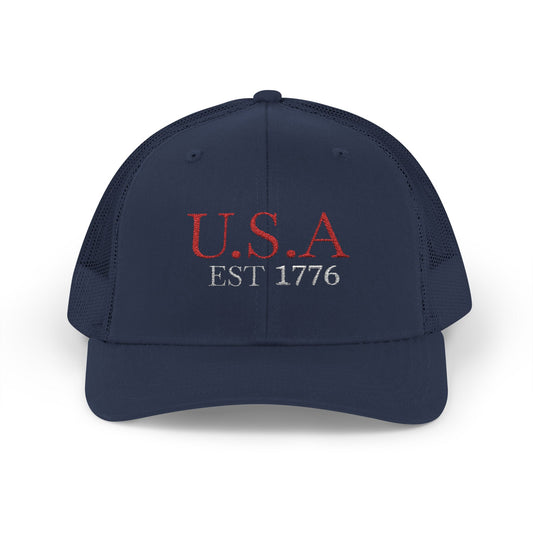 USA EST 1776 Snapback Trucker Cap — Patriotic American Flag Style