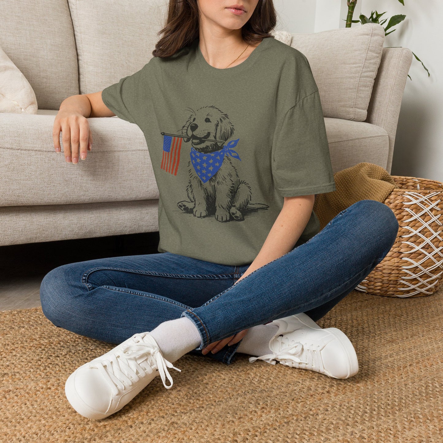 Unisex Patriotic Puppy T-Shirt — Golden Retriever with American Flag Bandana (Light Weight, Ultra Soft Tee)