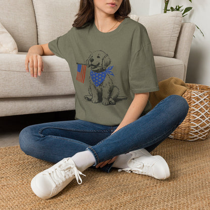 Unisex Patriotic Puppy T-Shirt — Golden Retriever with American Flag Bandana (Light Weight, Ultra Soft Tee)