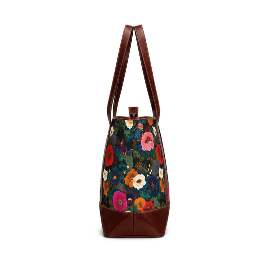 Floral Canvas Tote Handbag — Colorful Vintage Bloom Shoulder Bag
