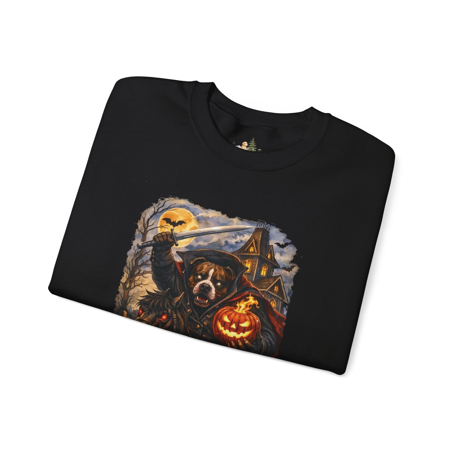 Unisex Halloween Pit Bull Headless Horseman Crewneck Sweatshirt ~ What Tails Lurk Behind The Pines