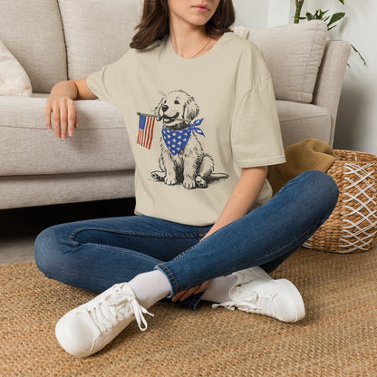 Unisex Patriotic Puppy T-Shirt — Golden Retriever with American Flag Bandana (Light Weight, Ultra Soft Tee)