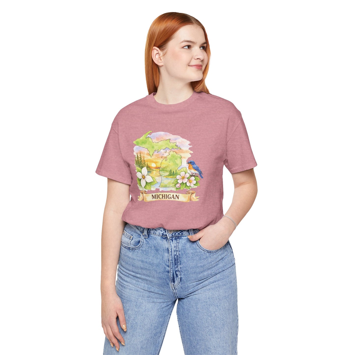 Michigan Scenic T-Shirt — State Flower & Bluebird Watercolor Design
