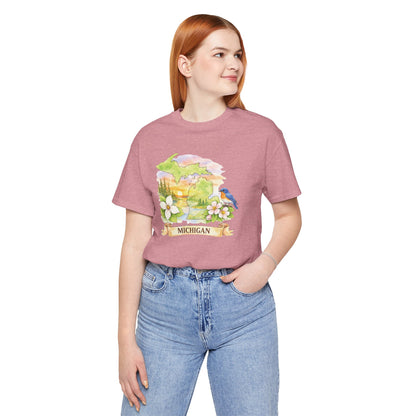 Michigan Scenic T-Shirt — State Flower & Bluebird Watercolor Design