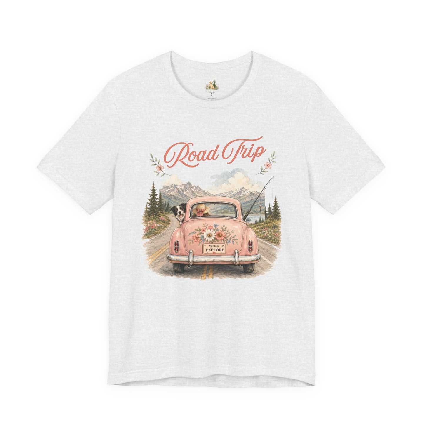 Road Trip Vintage Car T-Shirt — Retro Floral Scenic Drive Tee
