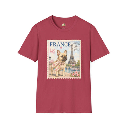 French Bulldog Postage Stamp T-Shirt | Eiffel Tower Paris Design (Light Weight, Ultra Soft Tee)