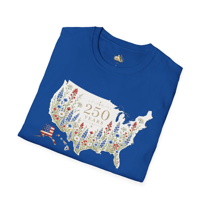Unisex 250 Years USA Floral Map T-Shirt — Patriotic Anniversary Graphic Tee (Light weight Ulta Soft T-Shirt)