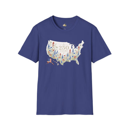 Unisex 250 Years USA Floral Map T-Shirt — Patriotic Anniversary Graphic Tee (Light weight Ulta Soft T-Shirt)