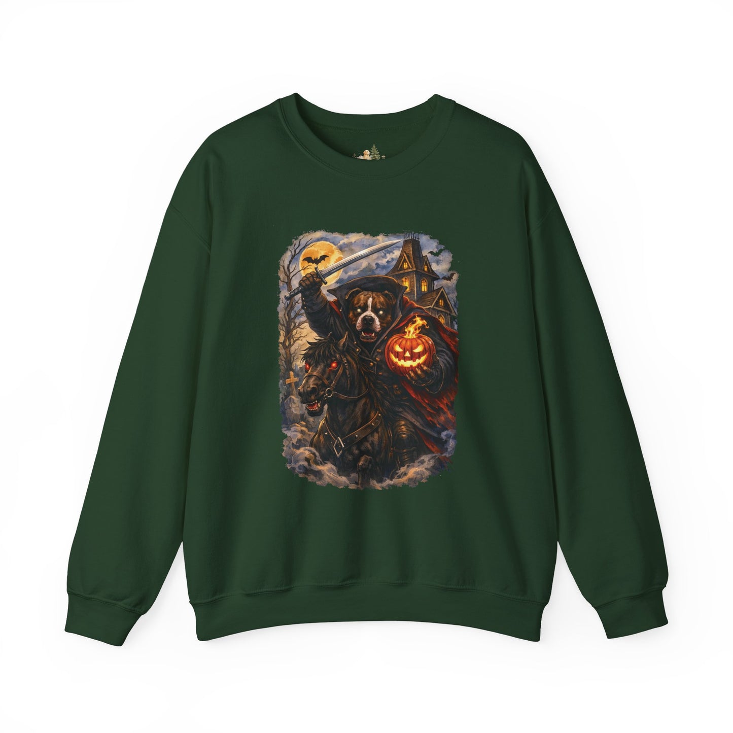 Unisex Halloween Pit Bull Headless Horseman Crewneck Sweatshirt ~ What Tails Lurk Behind The Pines