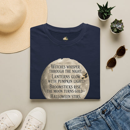 Halloween Poem T-Shirt — "Witches whisper through the night" Moon Graphic