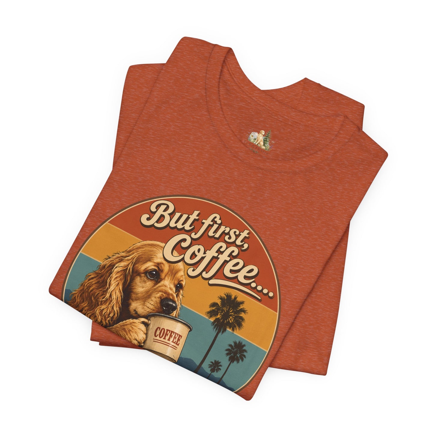 Men's But First Coffee Dog Tee — Retro Palm Tree Coffee Lover T-Shirt