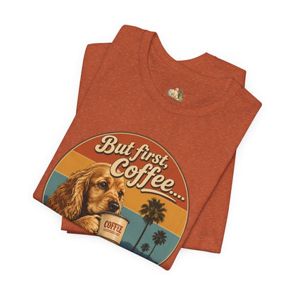 Men's But First Coffee Dog Tee — Retro Palm Tree Coffee Lover T-Shirt