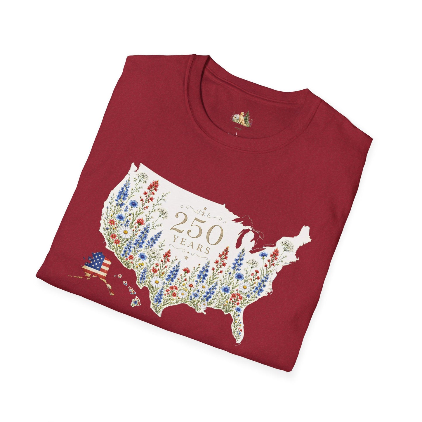 Unisex 250 Years USA Floral Map T-Shirt — Patriotic Anniversary Graphic Tee (Light weight Ulta Soft T-Shirt)