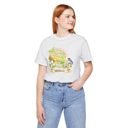 Michigan Scenic T-Shirt — State Flower & Bluebird Watercolor Design