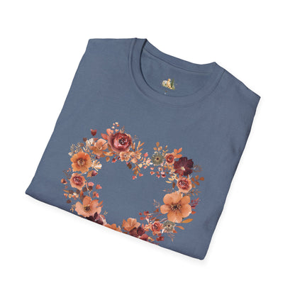 Floral Heart Tee — Women's Heart Wreath Graphic T-Shirt, Romantic Floral Gift