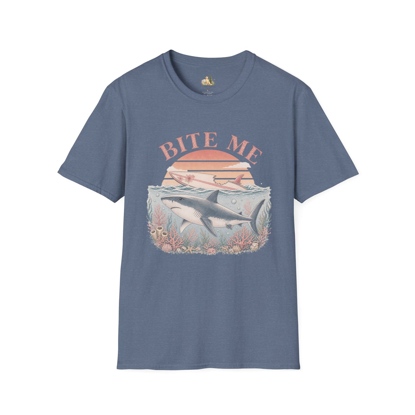 Bite Me Shark T-Shirt — Retro Ocean Sunset Graphic Tee (Light Weight, Ultra Soft)