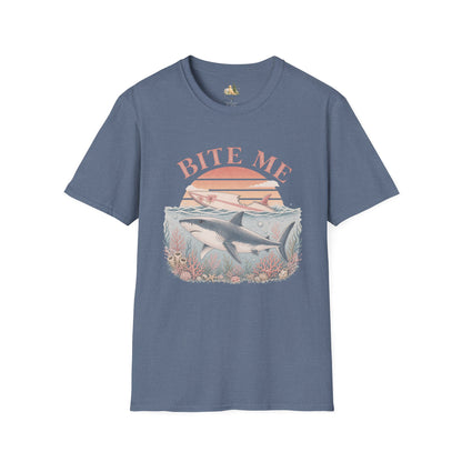 Bite Me Shark T-Shirt — Retro Ocean Sunset Graphic Tee (Light Weight, Ultra Soft)
