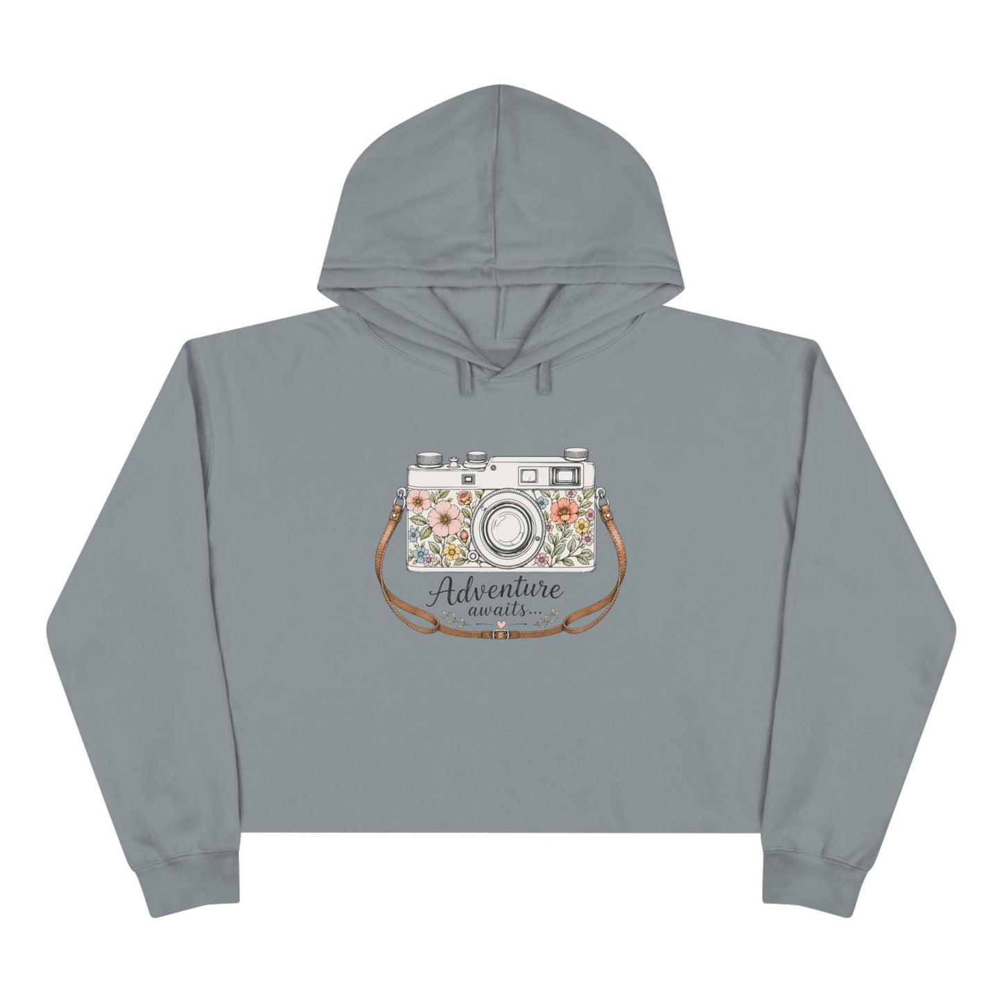 Cropped Hoodie — Floral Vintage Camera “Adventure Awaits” Crop Hoodie