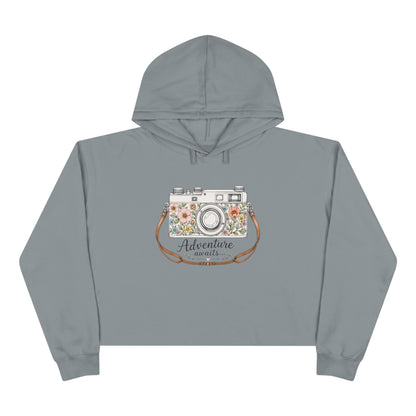 Cropped Hoodie — Floral Vintage Camera “Adventure Awaits” Crop Hoodie