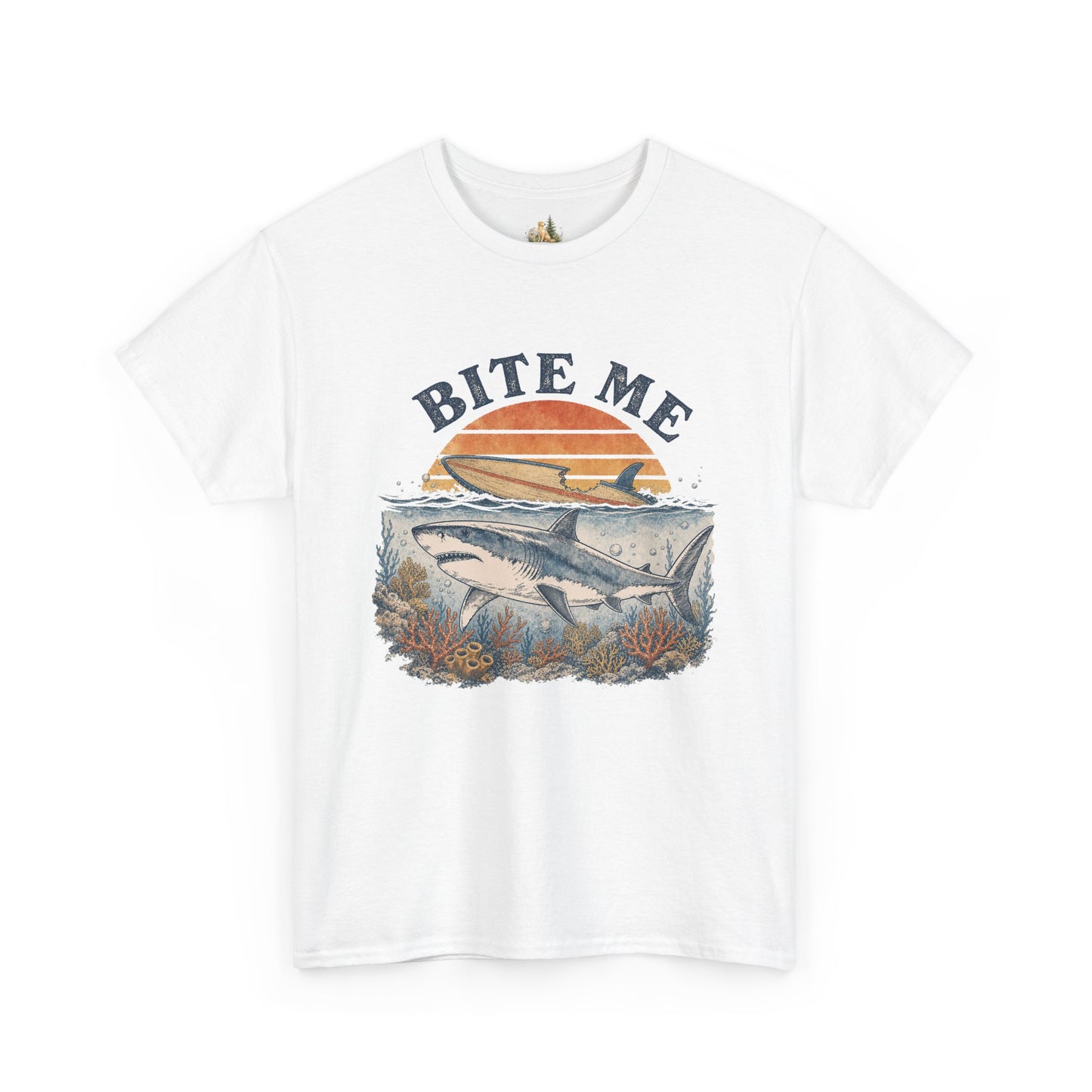 Shark 'Bite Me' Graphic Tee — Vintage Ocean Sunset Fishing Shirt (Heavy Weight Tee)